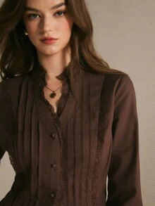 Poéselle Women's Solid Color Casual Versatile Daily Long Sleeve Shirt - Coffee Brown - View 4