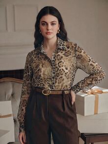 Anewsta Plus Size Women's Spring/Autumn Modern Fashion Versatile Leopard Print Loose Long Sleeve Shirt - Brown - View 3