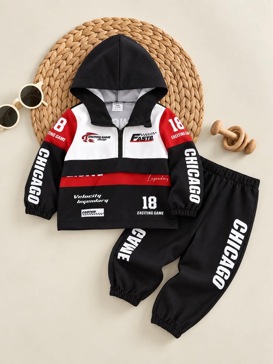 Baby Boy Red & Black Racing Suit Jacket & Pants Set, Suitable For Halloween And Christmas Gifts For Kids - Black - View 1