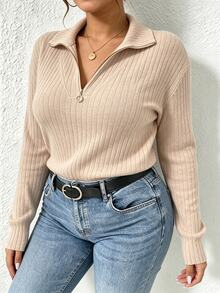 INAWLY Women's Plus Size New French Style Zipper Front Dropped Shoulder Textured Fabric T-Shirt, Winter Casual Spring Top - Apricot - View 4