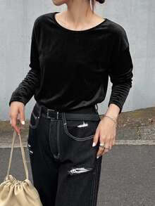 FRIFUL Women's Solid Color Casual Versatile Daily Long Sleeve Sweatshirt - Black - View 3