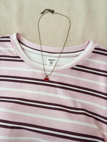 SHEIN 青少年女孩秋/冬休閒針織粉色條紋修身抓皺長袖T恤，休閒基本上衣 - 粉色 - 查看 5