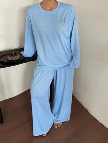 Dazy Plus 3pcs Striped Loose Long Sleeve Top & Pants Loungewear Set, Spring/Autumn New Pajama Set - Blue - View 2