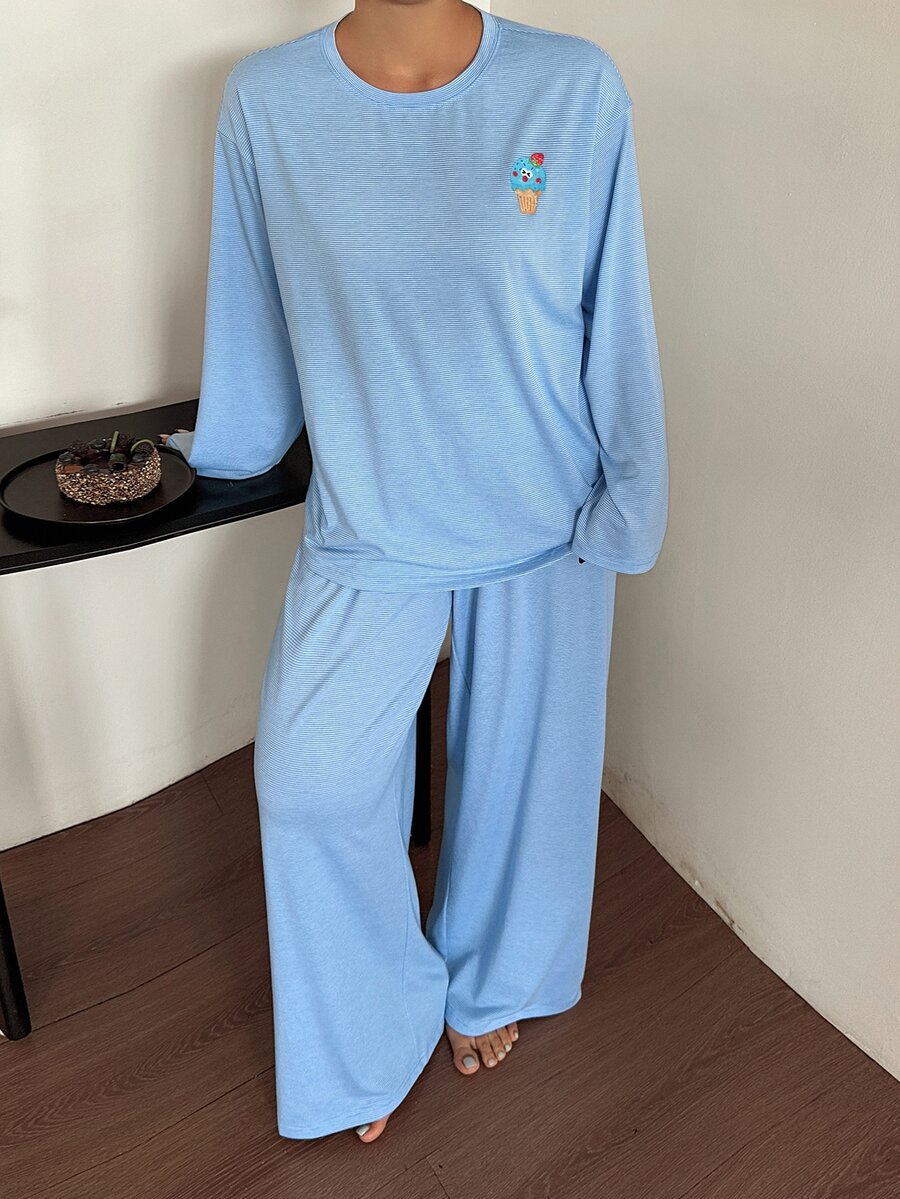 Dazy Plus 3件組條紋寬鬆長袖上衣與長褲居家服套裝,春/秋新款睡衣套裝 - 藍色 - 查看 1