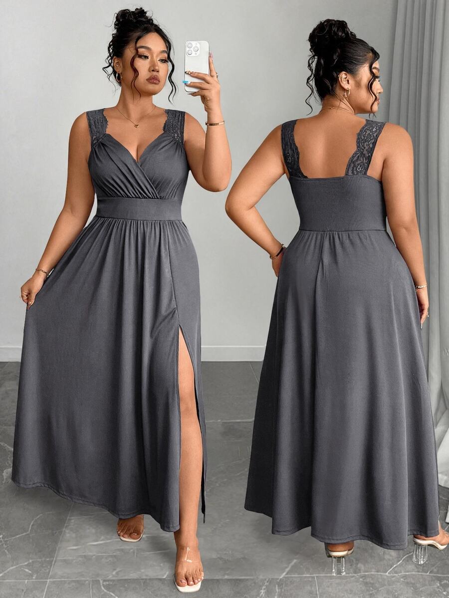 Elenzga Plus Size V-Neck Contrast Lace Strap Flared Slimming Ribbed Long Dress With Side Slit - Dark Grey - View 1