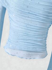 SHEIN Elladie kids 女童春秋新款背心內搭二合一露肩亮片網紗長袖上衣，時尚優雅甜美可愛 - 藍色 - 查看 7