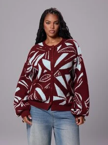 Rustia Plus Size Women's Geometric Pattern Drop Shoulder Long Sleeve Single-Breasted Casual Knit Cardigan Winter - Multicolor - View 1