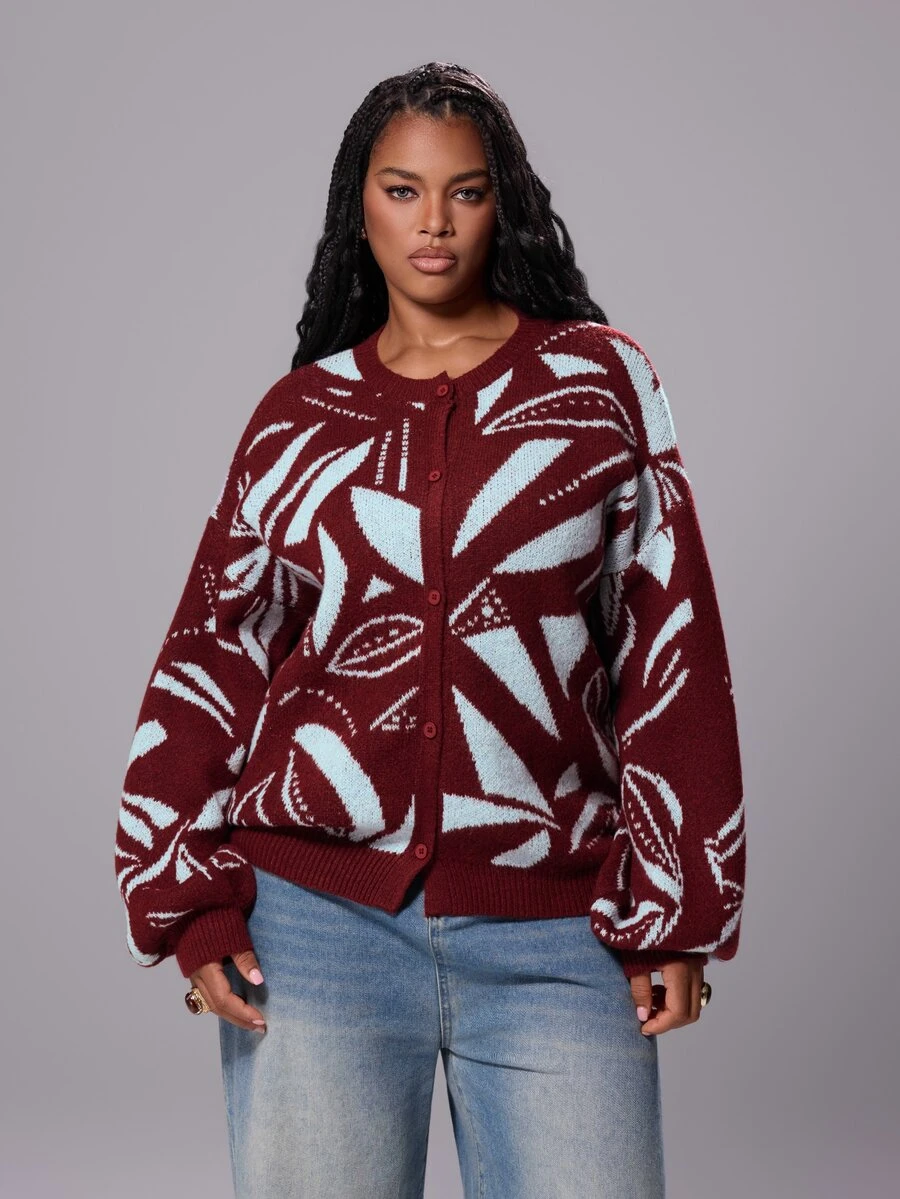 Rustia Plus Size Women's Geometric Pattern Drop Shoulder Long Sleeve Single-Breasted Casual Knit Cardigan Winter - Multicolor - View 1