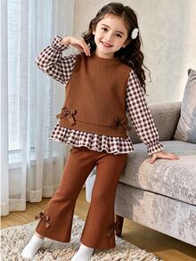 SHEIN Playful Pals 女童格紋 2 合 1 假背心長袖上衣與蝴蝶結喇叭褲套裝，休閒秋季街頭風 2 件套穿搭 - 棕色 - 查看 3