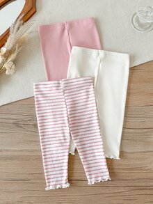 SHEIN 3 Pcs Baby Girls Leggings Pants Cute Sweet Pink White Ribbed Striped Lettuce Trim Ruffle Hem Lightweight Vacation Beach Summer Holiday Ballet Basic - Multicolor - View 6