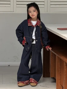 DAZY Tween Girl Patchwork Plaid Cuff Single-Breasted Denim Jacket And Jeans Casual Set - Dark Wash - View 3