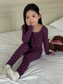Dazy Kids Tween Girl All-Over Print Long Sleeve Top And Long Casual Daily Home Sleepwear Set - Brown - View 4