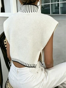 INAWLY Women's Elegant Fitted Knit Sweater With Split Hem, Pullover Top, Black And White Color Block - Apricot - View 2