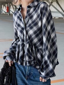 FRIFUL Women's Plaid Casual Versatile Everyday Outing Shirt - Black and White - View 1