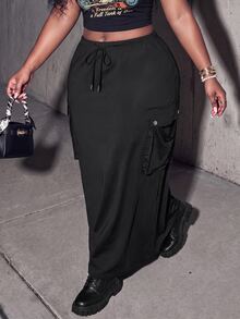 Slaydiva Plus Size Women Solid Color Drawstring Waist Casual Daily Skirt - Black - View 4