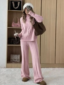 CovetEZ 女款冬季極簡休閒咖啡棕圓領長袖毛衣與長褲兩件套 - 粉色 - 查看 3