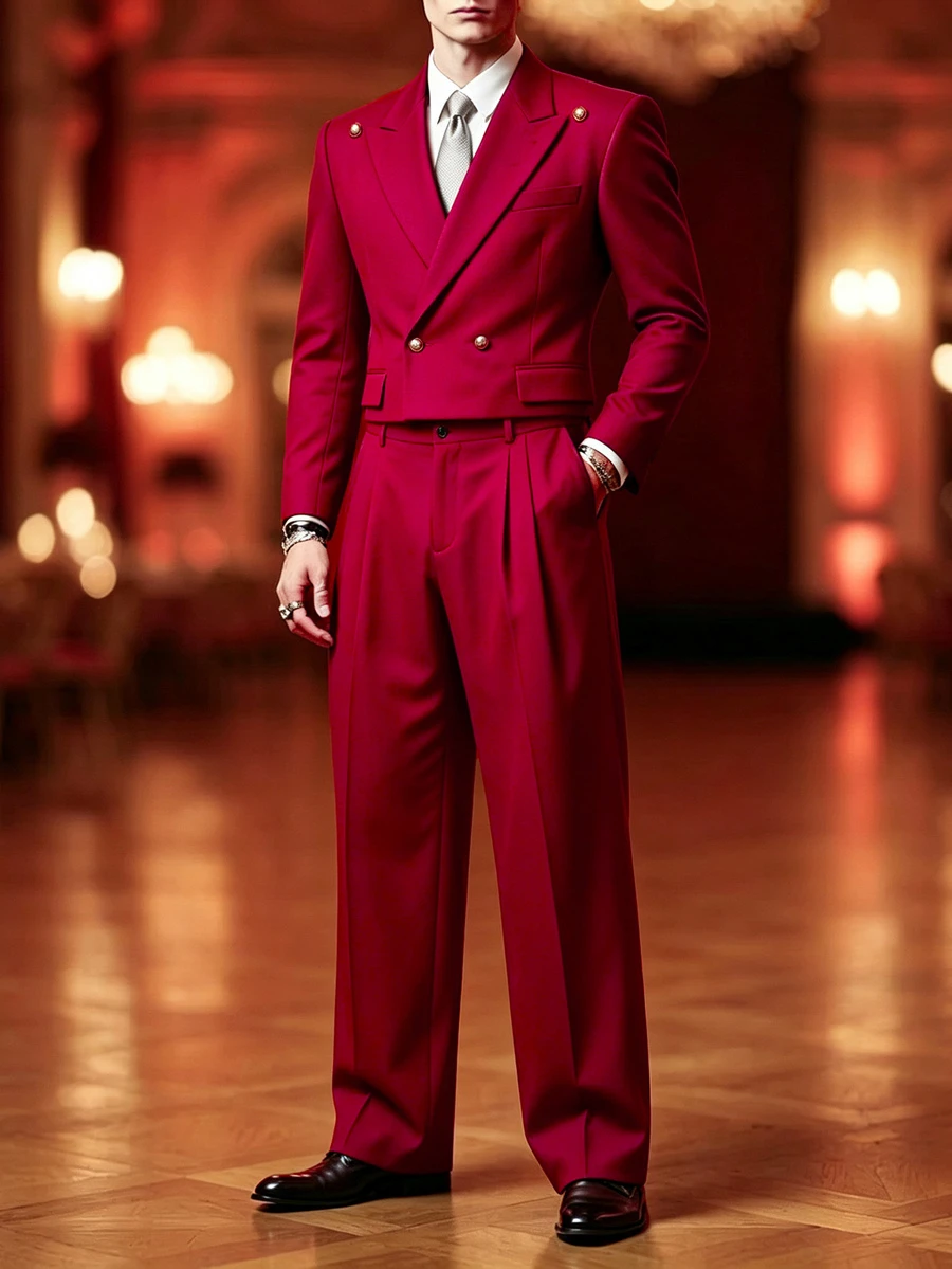 Manfinity AFTRDRK Double-Breasted Short Jacket And Long Pants Suit Set For Men - Burgundy - View 1