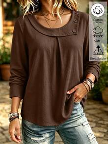 Weeklong Plus Size Cotton Fold Collar Long Sleeve Button Decor Loose Fit Casual Blouse Top - Brown - View 5