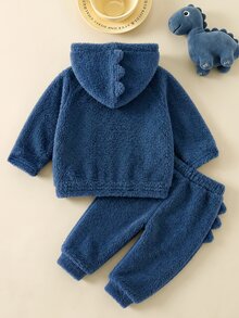 SHEIN 兒童男孩絨布舒適恐龍貼布繡秋冬衛衣 - 霧霾藍 - 查看 9