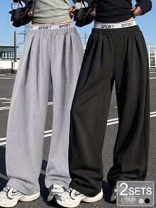 SHEIN Sparklyn Tween女孩美式休閒百搭日常運動街頭風拼色織帶寬鬆運動長褲 - 黑色 - 查看 6