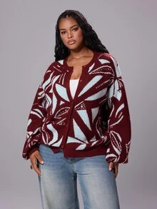 Rustia Plus Size Women's Geometric Pattern Drop Shoulder Long Sleeve Single-Breasted Casual Knit Cardigan Winter - Multicolor - View 5