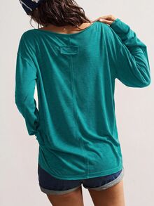 Bohemela Plus Size Women's Solid Color V-Neck Drop Shoulder Long Sleeve Casual Loose Fit T-Shirt - Green - View 7