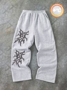 SHEIN Kids Tween Boy Casual Daily Versatile Comfortable Grey Embroidered Pattern Printed Straight Leg Loose Fit Sweatpants, Suitable For Back To School, Birthday Party, Evening Event, Performance, Wedding, Baptism, Opening Ceremony And Other Occasions, Comfortable For Daily Wear, Suitable For School, Travel, Sports, Suitable For Spring, Summer, Autumn, Winter. - Grey - View 2