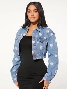 SHEIN SXY 女款雛菊圖案單排扣長袖休閒牛仔夾克 - 淺色水洗藍 - 查看 2