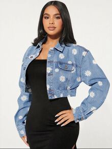 SHEIN SXY 女款雛菊圖案單排扣長袖休閒牛仔夾克 - 淺色水洗藍 - 查看 4