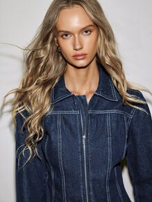 ATUI Studio Women's Long Sleeve Zipper Front Casual Denim Jacket - Blue - View 3