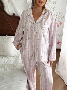 CottageSlumber Plus Size Romantic Striped Floral Print Petal Sleeve Collared Top And Long Pants Pajama Set - Mauve Purple - View 6