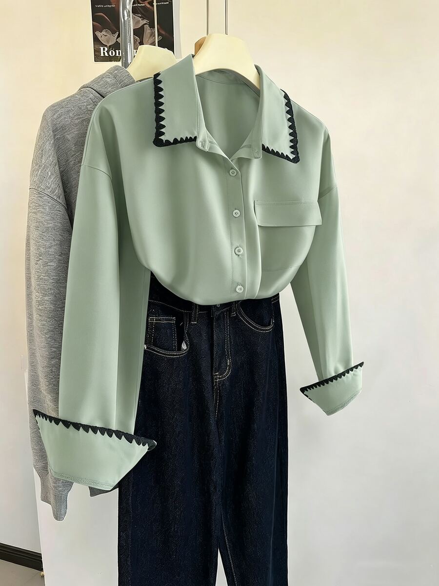 GlowEve CURVE Plus Size Women's Elegant Office Long Sleeve Shirt With Decorative Front Buttons - Green - View 1