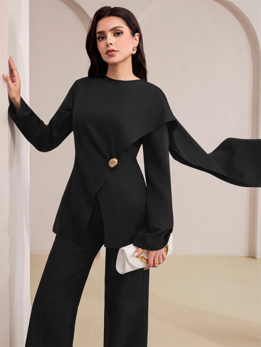 Veilorie Women's Solid Color Round Neck Long Sleeve Shirt With Metallic Waist Decor, Elegant - Black - View 1
