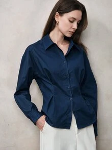 Zovinel 女款素色長袖單排扣休閒通勤襯衫 - 藏蓝色 - 查看 7