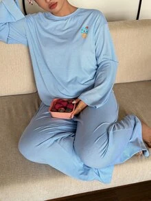 Dazy Plus 3pcs Striped Loose Long Sleeve Top & Pants Loungewear Set, Spring/Autumn New Pajama Set - Blue - View 7