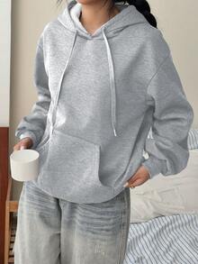 SHEIN EZwear Casual Loose Thick Women's Light Gray Floral Fleece Sweatshirt With Pockets And Drawstring, Suitable For Autumn/Winter - Light Grey - View 3