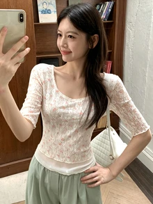 INAWLY 女款花卉蕾絲短袖T恤 夏季新款獨特美觀短版上衣 隨機圖案 - 杏色 - 查看 6