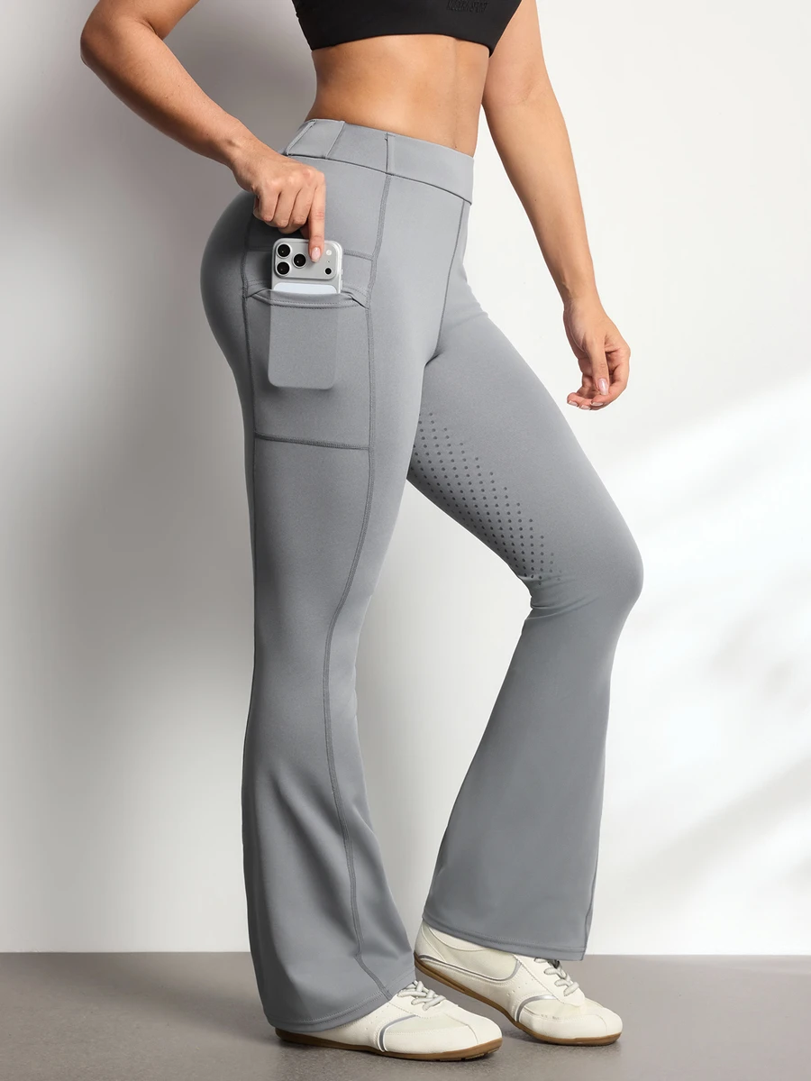 Easithlete Easithlete Women's High Waist Flared Equestrian Breeches, Full Seat Silicone Grip 4Way Stretch Horse Riding Pants With Side Phone Pockets - Grey - View 1