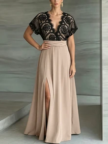 Weeklong Plus Size Women Spring Summer Lace Patchwork Contrast Color Waist-Cinching A-Line Casual Vacation Dress - Khaki - View 1