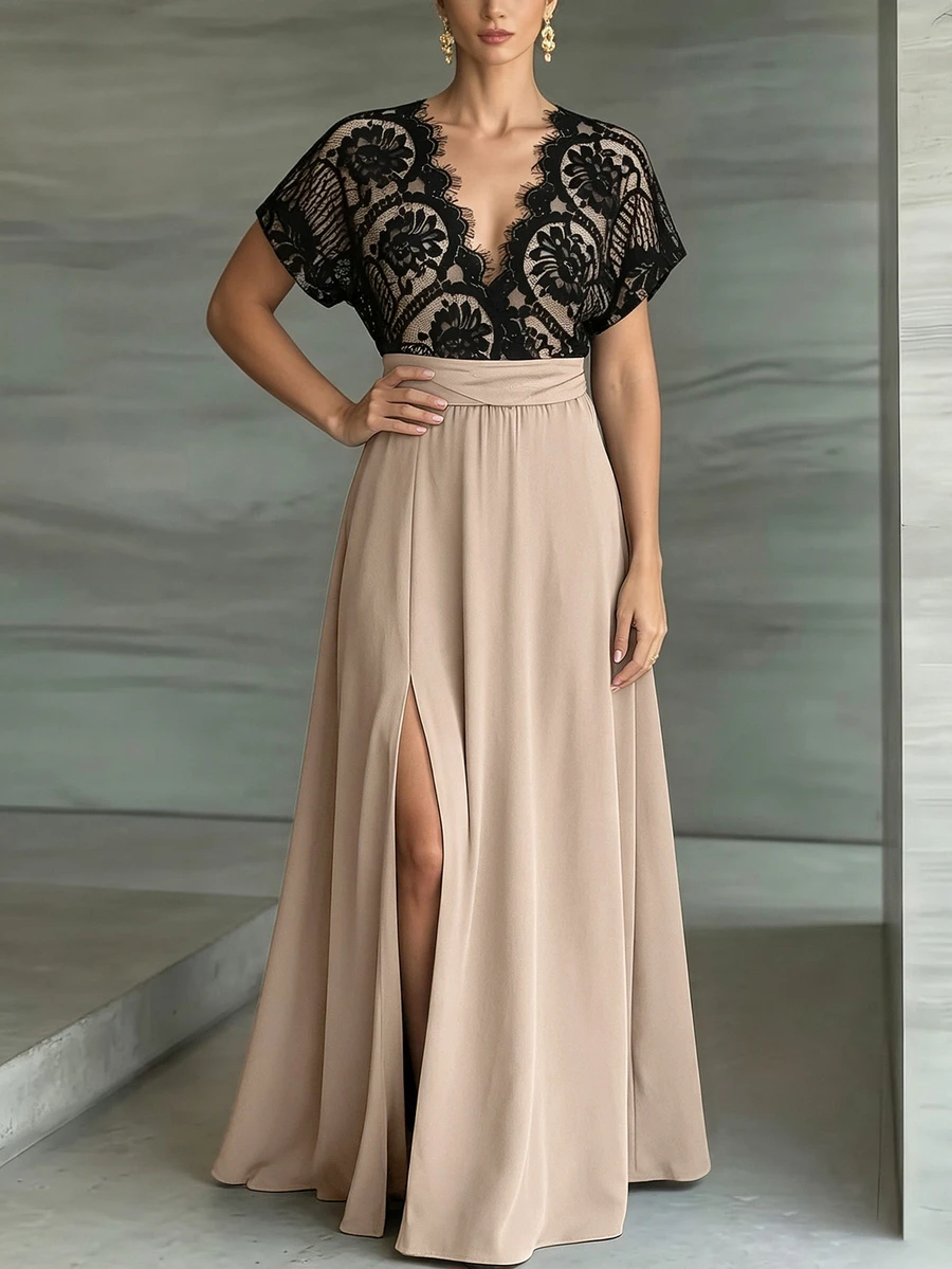 Weeklong Plus Size Women Spring Summer Lace Patchwork Contrast Color Waist-Cinching A-Line Casual Vacation Dress - Khaki - View 1