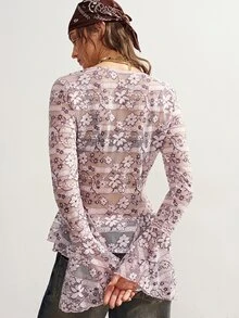 Bohemela Women's Lace Patchwork Sexy Casual Long Sleeve Top - Purple - View 3