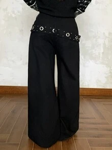 DAZY Women's Washed Loose Fit Jeans With Eyelet Studs And Back Pocket Design - Black - View 6