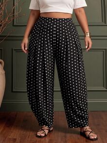 Zivah Plus Size Street Polka Dot Print Pocket Pants For Commute And Vacation - Black - View 5