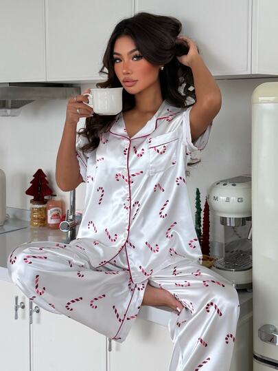 ZzzCrew Christmas Candy Cane Print Faux Silk Pajama Set, Exquisite Lapel Home Leisure 2 Pieces Set