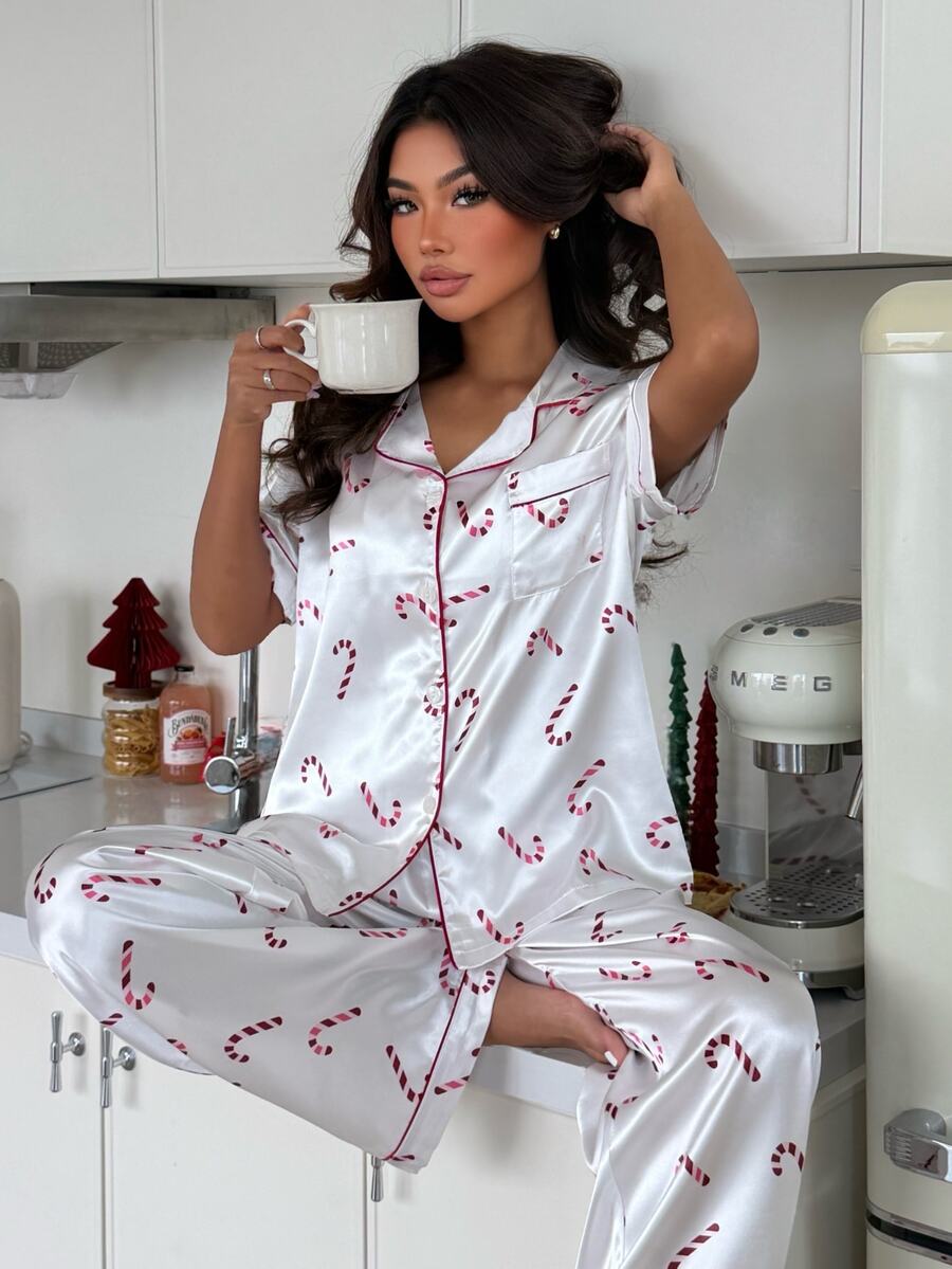 ZzzCrew Christmas Candy Cane Print Faux Silk Pajama Set, Exquisite Lapel Home Leisure 2 Pieces Set - Red and White - View 1