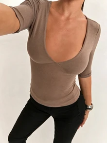 SHEIN BAE 女款柔軟舒適羊絨長袖上衣，適合日常外出、返校、通勤與辦公穿著 - 卡其色 - 查看 6