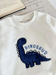 SHEIN Vintaside Kids 2件組幼兒男童衛衣長褲套裝，可愛白色藍色恐龍刺繡，毛絨絨長袖圓領加厚，冬季派對度假裝備 - 藏蓝色 - 查看 7