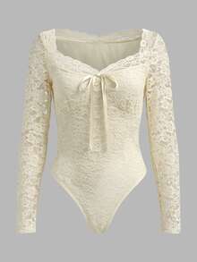 Cévolie Women's Bow Decor Lace Long Sleeve Elegant Bodysuit - Apricot - View 3