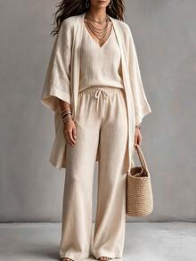 Linhara CURVE Plus Size Faux Cotton Textured Fabric Ruffle Sleeve Long Sleeve Open Front Kimono Cardigan + Simple Camisole Top + Elastic Waist Loose Straight Leg Pants 3-Piece Set Casual Outing Date Party Daily Commute Outfit - Apricot - View 7