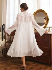 Côtesoire Plus Size Women's Contrast Lace Long Sleeve Robe And Camisole Nightgown Elegant Sleepwear Set - Baby Blue - View 2